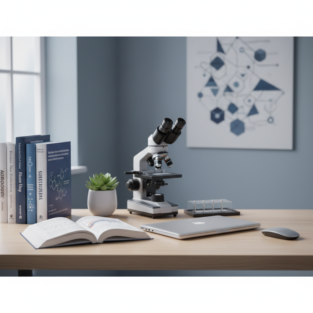 Ein ordentlicher Schreibtisch mit Fachliteratur über Biochemie und einem Mikroskop im Hintergrund