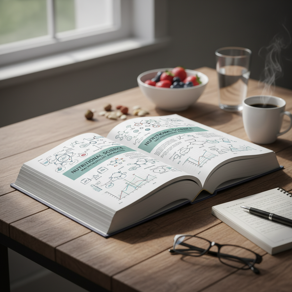 Ein aufgeschlagenes Buch über Ernährungswissenschaften auf einem rustikalen Holztisch