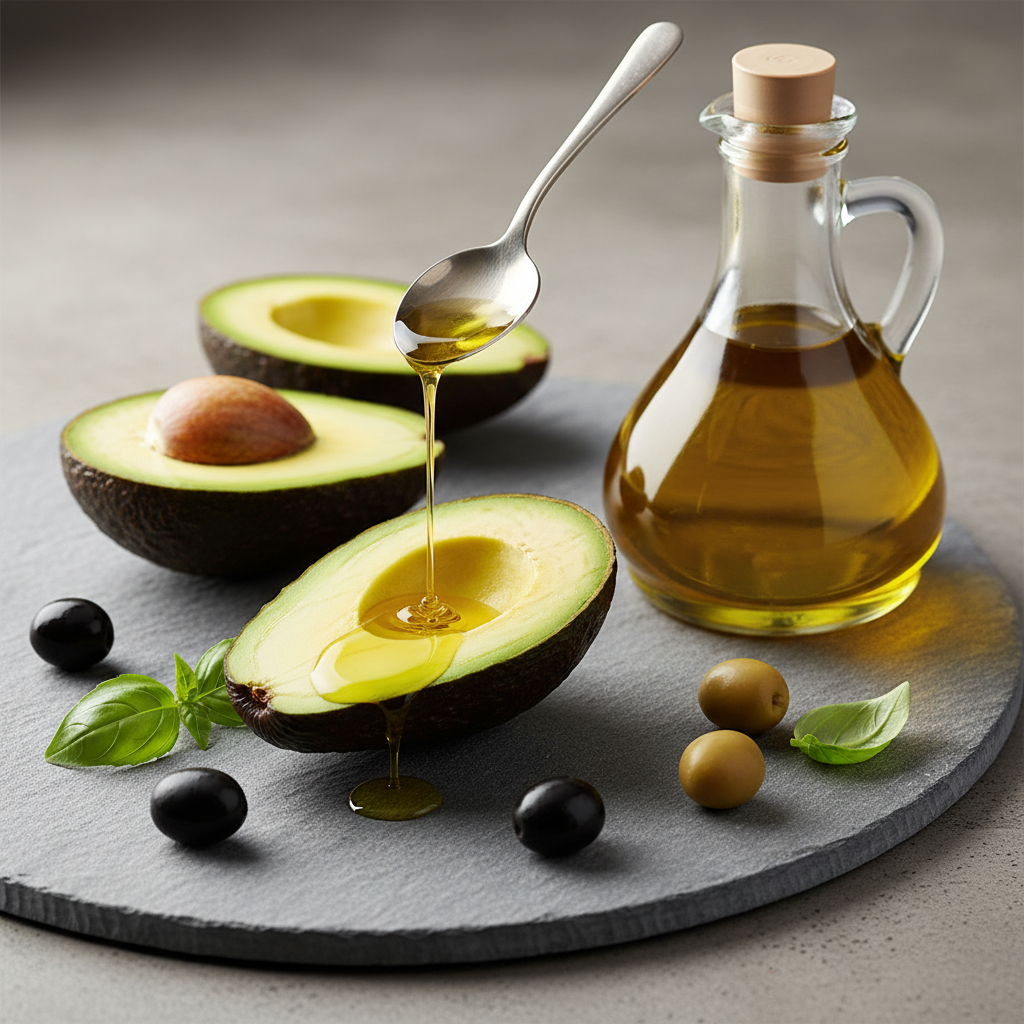 Frische Avocados und eine Schale mit Walnüssen auf einem dunklen Steintisch