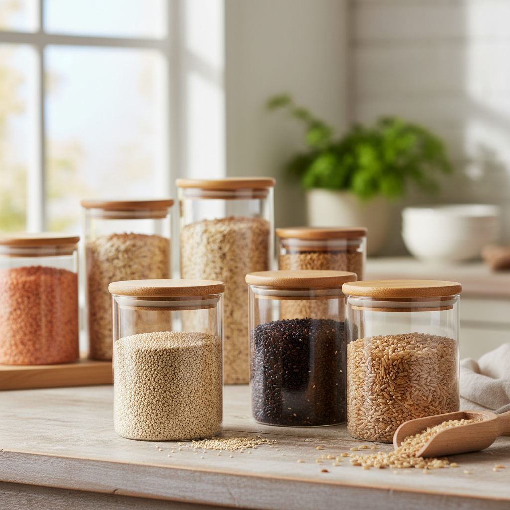Verschiedene Getreidekörner und Vollkornnudeln in Glasbehältern auf einem hellen Hintergrund