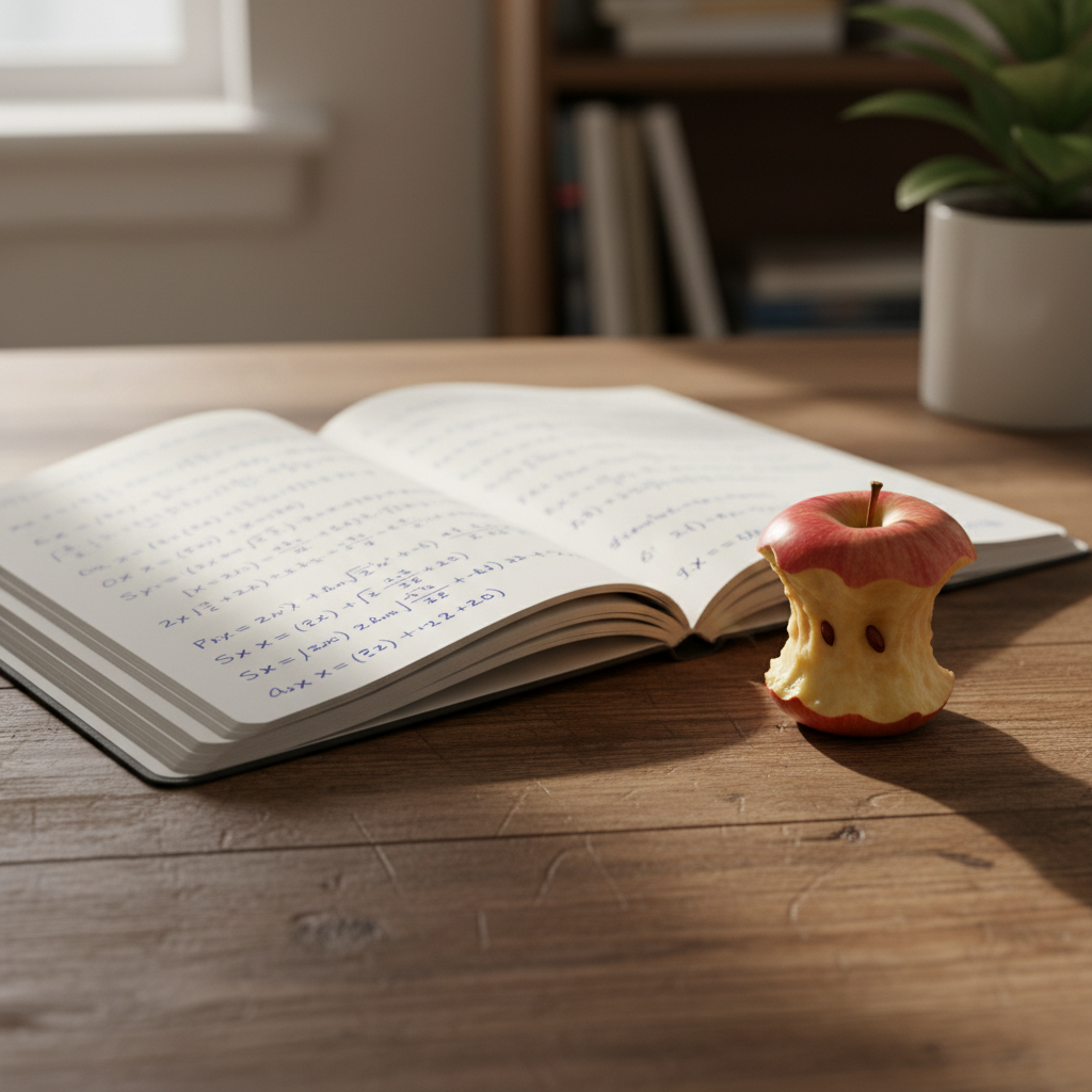 Ein offenes Notizbuch mit mathematischen Formeln neben einem Apfel auf einem Holztisch
