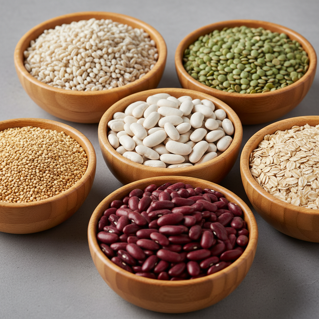 Nahaufnahme von verschiedenen Getreidesorten und Hülsenfrüchten in Holzschalen auf einem grauen Hintergrund