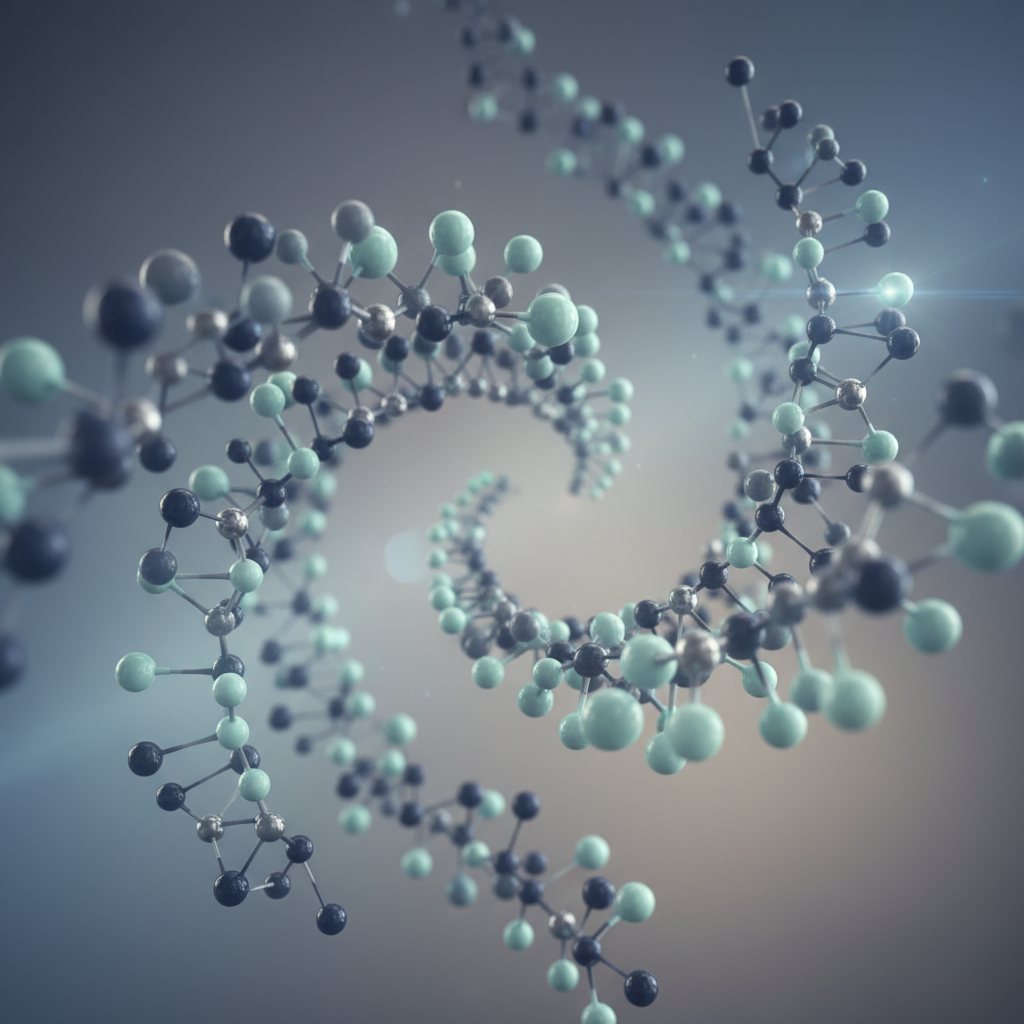 Abstrakte wissenschaftliche Darstellung von Molekülstrukturen in gedeckten Blau- und Grautönen