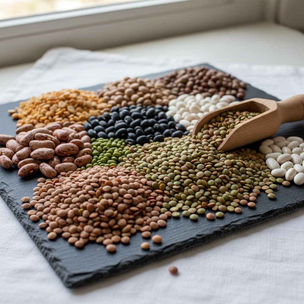 Detailaufnahme von frischen Linsen und Bohnen als pflanzliche Proteinquellen